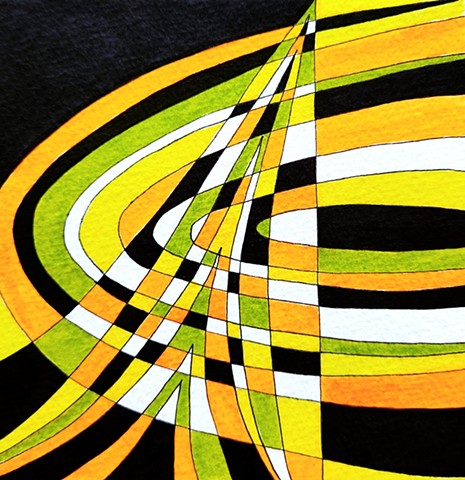 Abstract drawing in fluorescent orange, blue, green, yellow, plus black and white. Central pyramidal form intersecting ring of concentric circles.