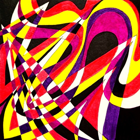 Abstract drawing in fluorescent yellow, pink, purple, plus black and white. Swirling shapes intersect with triangular shapes.