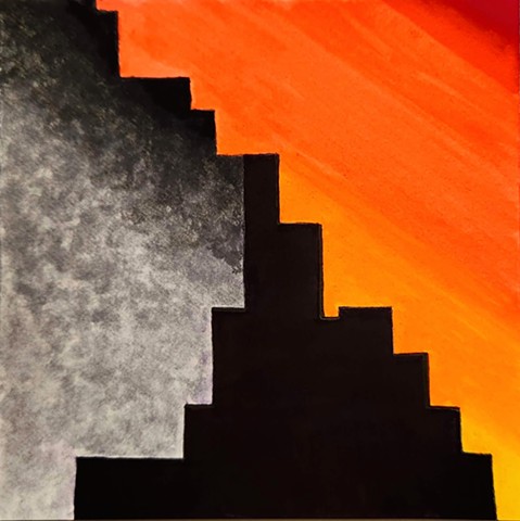 Simplified skyline that can be viewed in all 4 orientations. The main color blocks are black, a sunset-colored gradient, and a gradient of light gray to black. They can read either as sky or building, depending upon how they are rotated.