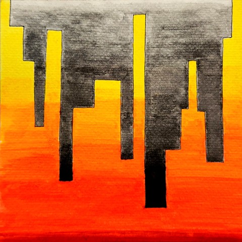 Simplified skyline that can be viewed either right side up or upside down; one view is a sunset gradient; the other is a gradient of light gray to black.