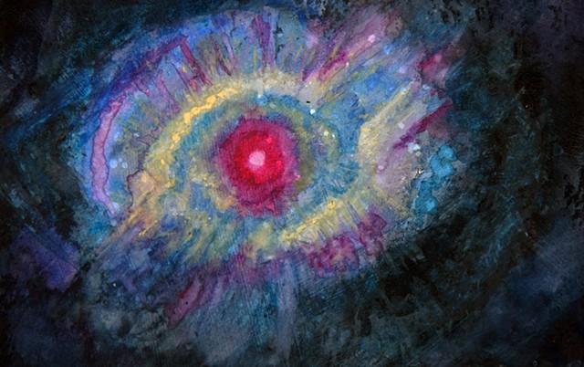 Gorgeous shades of blue, pink and yellow against the dark background of space describe the beautiful Helix Nebula