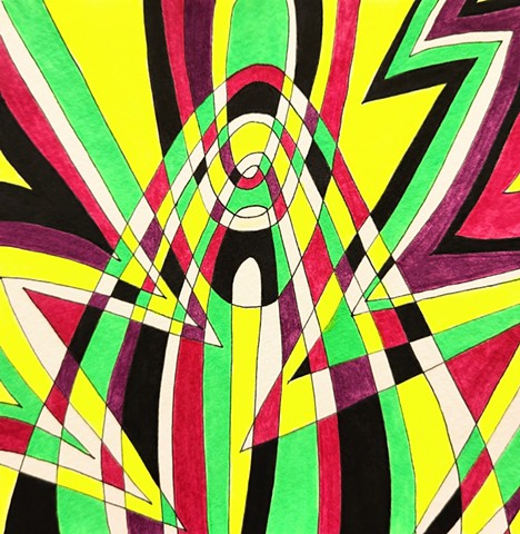 Abstract drawing in fluorescent yellow, green, red and purple, plus black and white. Zigzag shapes intersect with central curvilinear shape.