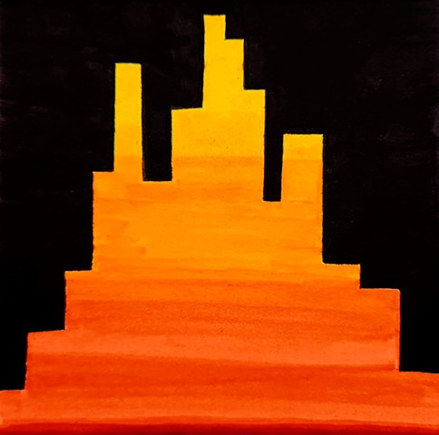 Simplified skyline that can be viewed either right side up or upside down; one view is a sunset gradient; the other is a gradient of light gray to black.