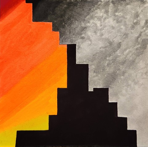 Simplified skyline that can be viewed in whichever direction you turn it. An interplay between a vivid sunset and a light gray to black gradient.