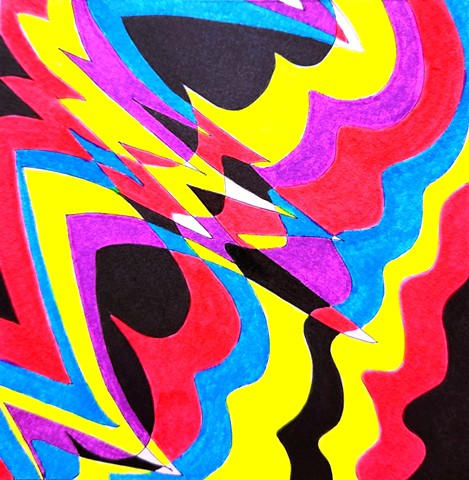 Abstract drawing in fluorescent red, yellow, purple and blue, plus black and white. Zigzag shapes interact with bands of wavy lines.