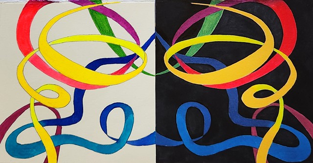 Mirror images of swirling ribbons of color: yellow, pink, green, blue, and maroon; one side has a black background and the other side is white.