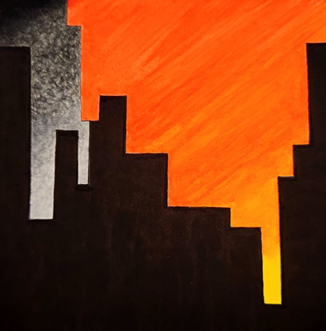 Simplified skyline that can be viewed either right side up or upside down; one view is a sunset gradient; the other is a gradient of light gray to black.