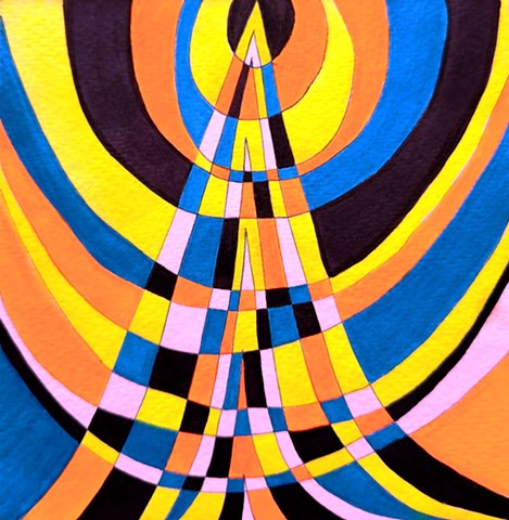 Abstract drawing in fluorescent orange, blue, yellow, plus black and white. Pyramidal central form overlays concentric circles.