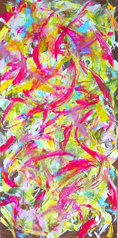 Schools of abstract magenta koi fish swim in a beautiful summery pastel pond