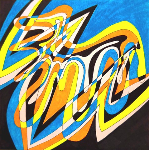Abstract drawing in fluorescent orange, yellow, and blue, plus black and white. Swirling forms interact with zigzag triangular form.
