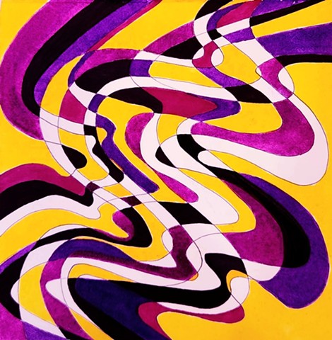 Abstract swirling drawing in neon yellow, purples, and red, plus black and white.