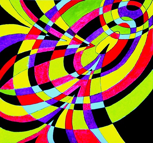 Abstract drawing in fluorescent pinks, greens, blue, purple, yellow and black and white. Double set of concentric circles pierced by two triangular forms.