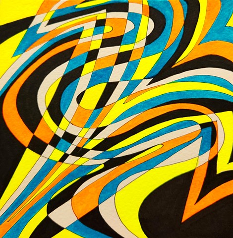Abstract drawing in fluorescent orange, yellow, and blue, plus black and white. Swirling forms interact with triangular form.