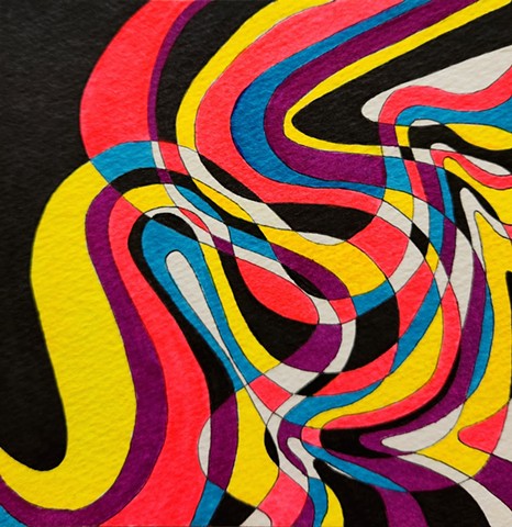 Abstract swirling drawing in neon pink, blue, yellow, purple, plus black and white.