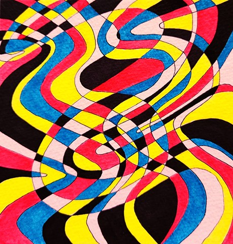 Abstract swirling drawing in neon pink, blue, yellow, plus black and white.