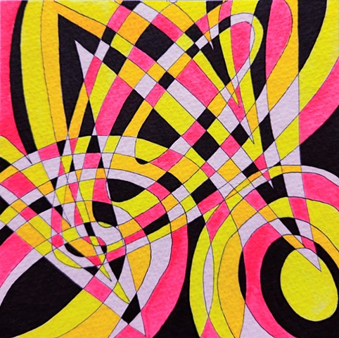 Abstract drawing in fluorescent gold, yellow-green, and pink, plus black and white. Multiple triangular forms intersect with multiple spheres.