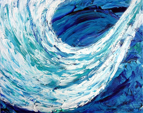 Painting of ocean, sea, wave, waves, water, hawaii, oahu, beach, sand, sandy, surf, surfing, snorkeling, scuba, swimming, coastline, shoreline, vacation, holiday, island, tropical, summer, relaxing, blue, green, foam, by Eileen McKeon Butt, science art, a