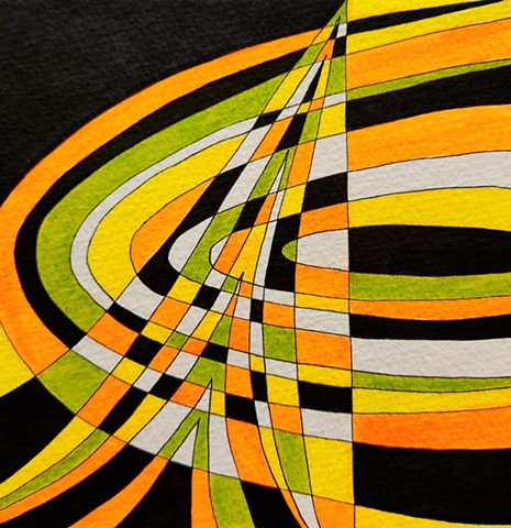 Abstract drawing in fluorescent orange, blue, green, yellow, plus black and white. Central pyramidal form intersecting ring of concentric circles.