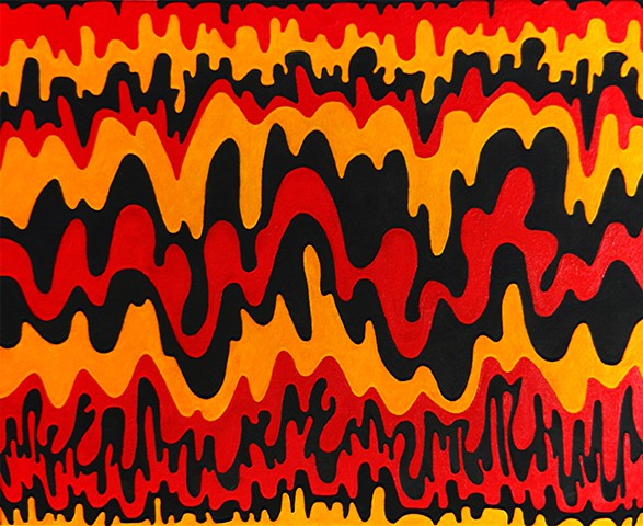 black, red, and yellow wave-like rows of horizontal lines pulsate across the canvas
