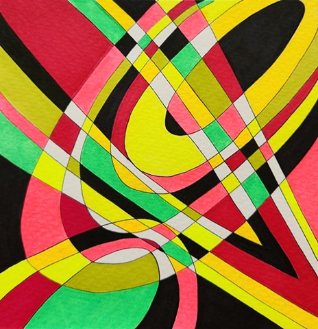 Abstract drawing in fluorescent red, yellow, pink and green, plus black and white. Triangle intersects with two overlapping circles.
