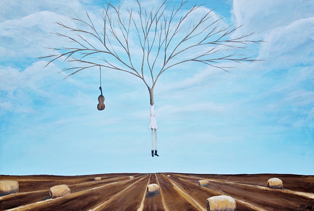 hay bail painting, blue sky and farm painting, artist from Wyoming, tree painting