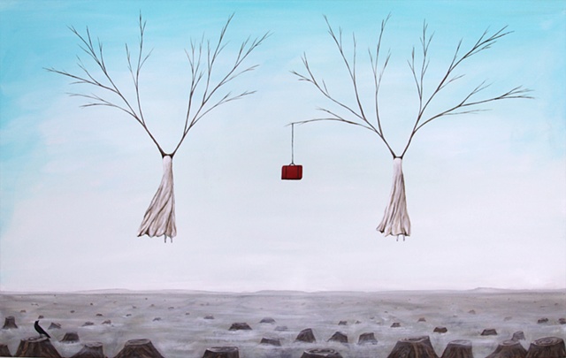 woman and trees, tree stump painting, red suitcase art, crow on stump, survival