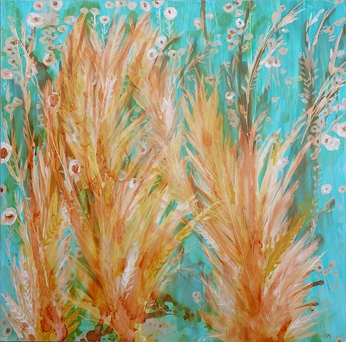 large contemporary art, large abstract art, painting, flower painting, abstract flower painting, orange teal, floral design, interiror design wyoming