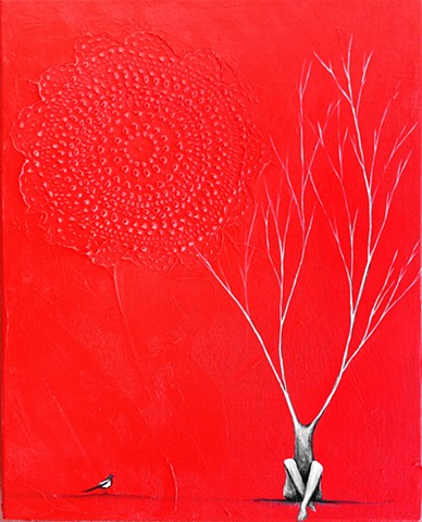 red painting, red tree painting, magpie art, magpie