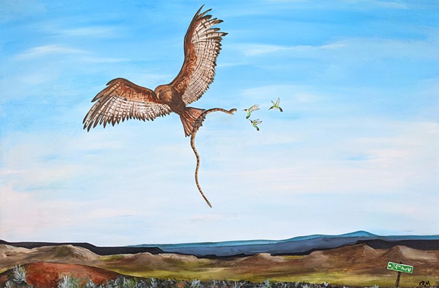 hawk carries snake in its feet.  2 humming birds in the sky. bighorn mountains painting