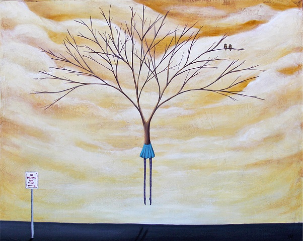 krm artist, tree painting with woman, western artist, parking lot painting, no parking sigh, owl painting, painting of owl