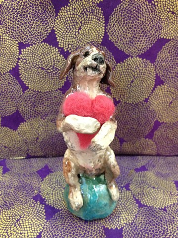 raku beagle with needle felted wool heart - lisa schumaier