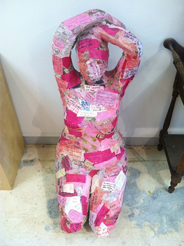 "woman of hope and healing" papier mache and notes and thoughts collected from visitors to the torpedo factory