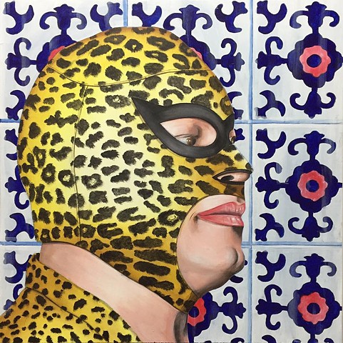 acrylic painting on wood of a mexican wrestler enmascarado