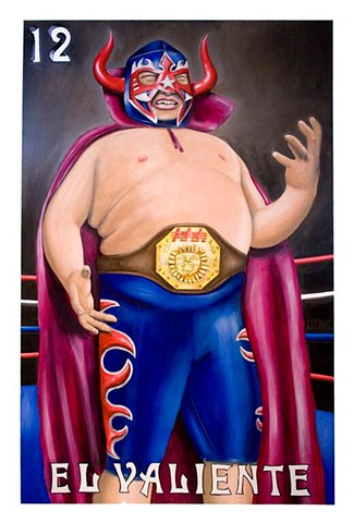 acrylic painting on wood of a luchador done for the loteria mural in Corpus Christi, Texas