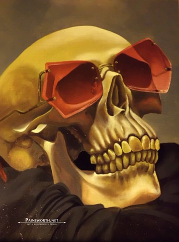 Original oil painting of skull wearing rose colored glasses 