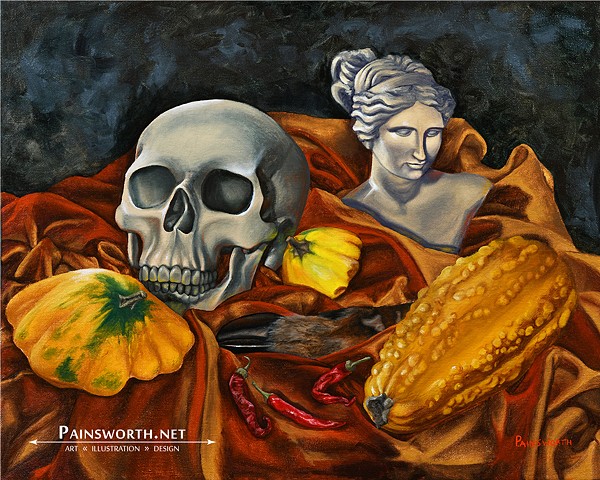 A fall vanitas painting, featuring squash, cayenne peppers (from the artist's garden), venus, and the skull