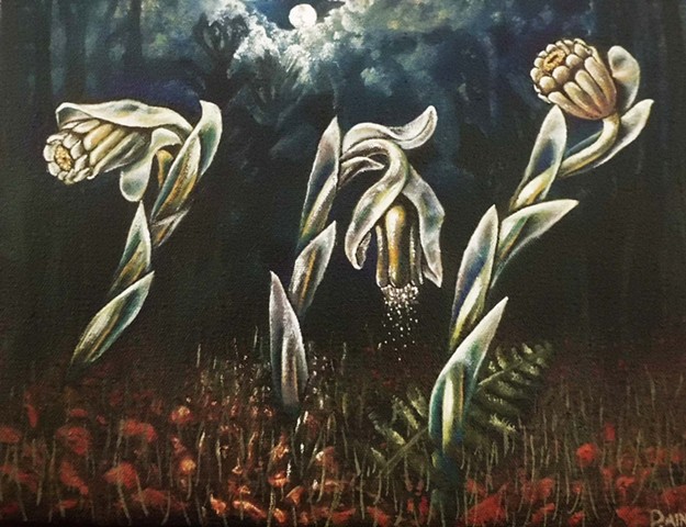 Original painting of monotropa uniflora, or ghost flowers 