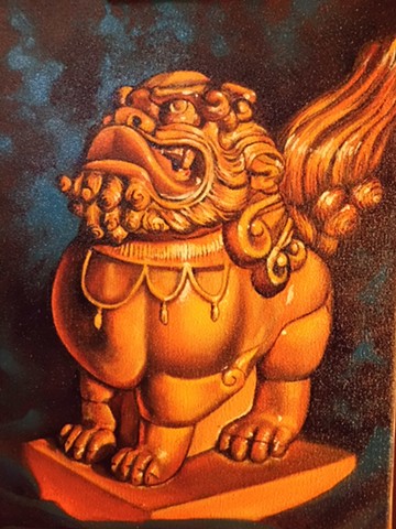 oil rendering of a foo lion figurine