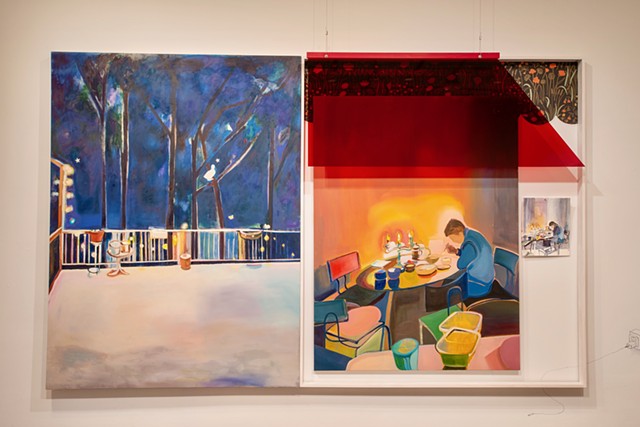 "February" oil on canvas, watercolor on paper, wood frame, steel wire, wallpaper, oil pastel & Plexiglass, 138â€� x 86â€� x 6â€�, 2026