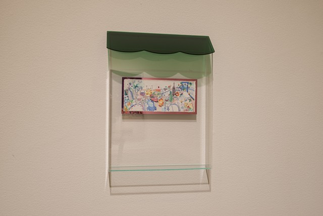 House with May Table, 12" x 10" x 2", watercolor on paper & Plexiglass, 2025
