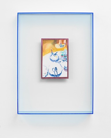 Casing an idle table, watercolor on paper & Plexiglass, 16" x12" x 2", 2025   