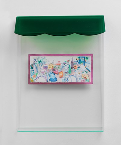 House with May Table, 12" x 10" x 2", watercolor on paper & Plexiglass, 2025