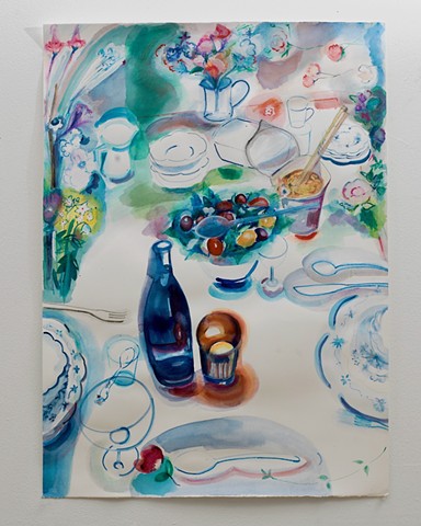 Table with Cup Noodle in Auvillar, watercolor on paper, 33" x 26"