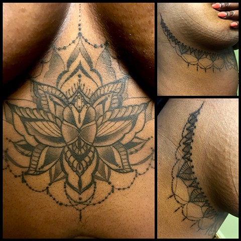 these are detail shots of the ornamental lotus chandelier sternum tattoo done in black and grey by amanda marie tattooer at ace of wands tattoo in san pedro los angeles california 