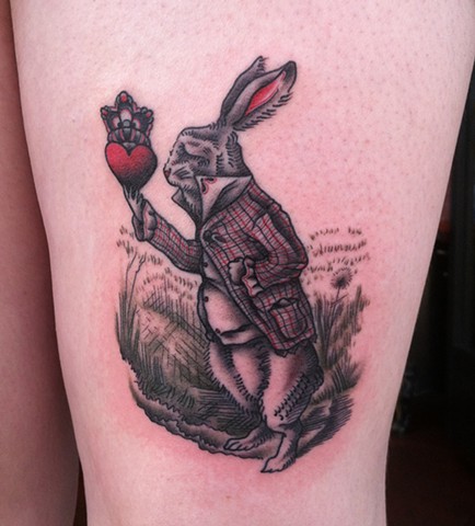 detailed tattoo of the white rabbit from alice and wonderland done at evermore tattoo in culver city, los angeles by Amanda Marie lady tattooer