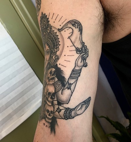 this is a tattoo of kali the divine mother of the universe fully healed and done in black and grey with lots of detail by amanda marie female tattoo artist in Los Angeles California in ace of wands in San Pedro private tattoo studio and sacred space 