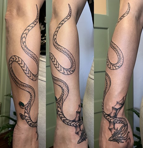 this is a tattoo of a mythological dragon snake done in a delicate style in black and grey by Amanda Marie tattoo artist and tarot reader in Los Angeles California at her private studio ace of wands tattoo
