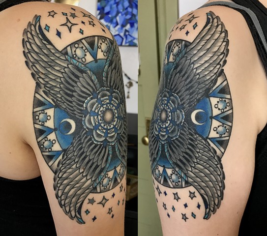 this is a roman shield tattoo done in a mystical style by Amanda Marie lady tattoo artist and tarot reader in Los Angeles California 