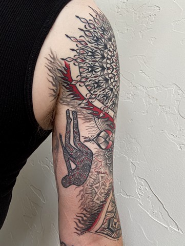 this is a tarot inspired tower tattoo done by Amanda Marie witch mystic tarot reader tattoo artist at her private studio ace of wands tattoo in los angeles California 