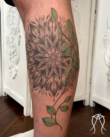 Nature mandala fine line tattoo tribute to trees done by Amanda Marie tattoo artist in central New York 